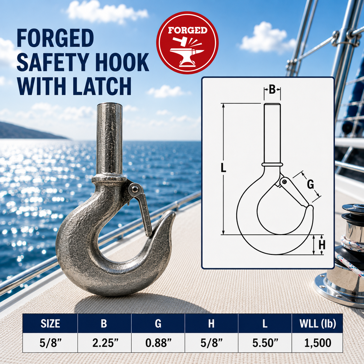 4 Pc Set Marine T316 Stainless Steel Shank Hook, Drop Forged Rigging Hook for Chain, Cable, Rope, Boat, Dock