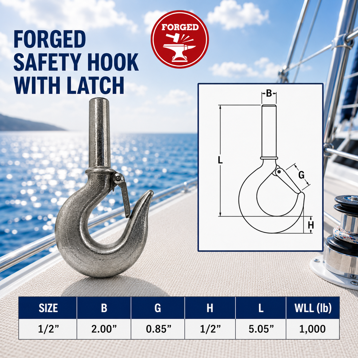 4 Pc Set Marine T316 Stainless Steel Shank Hook, Drop Forged Rigging Hook for Chain, Cable, Rope, Boat, Dock