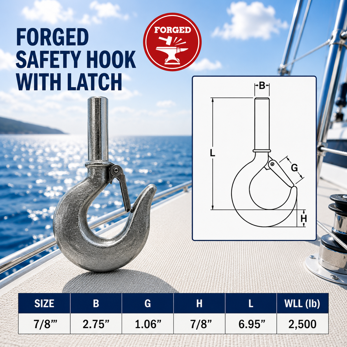 4 Pc Set Marine T316 Stainless Steel Shank Hook, Drop Forged Rigging Hook for Chain, Cable, Rope, Boat, Dock