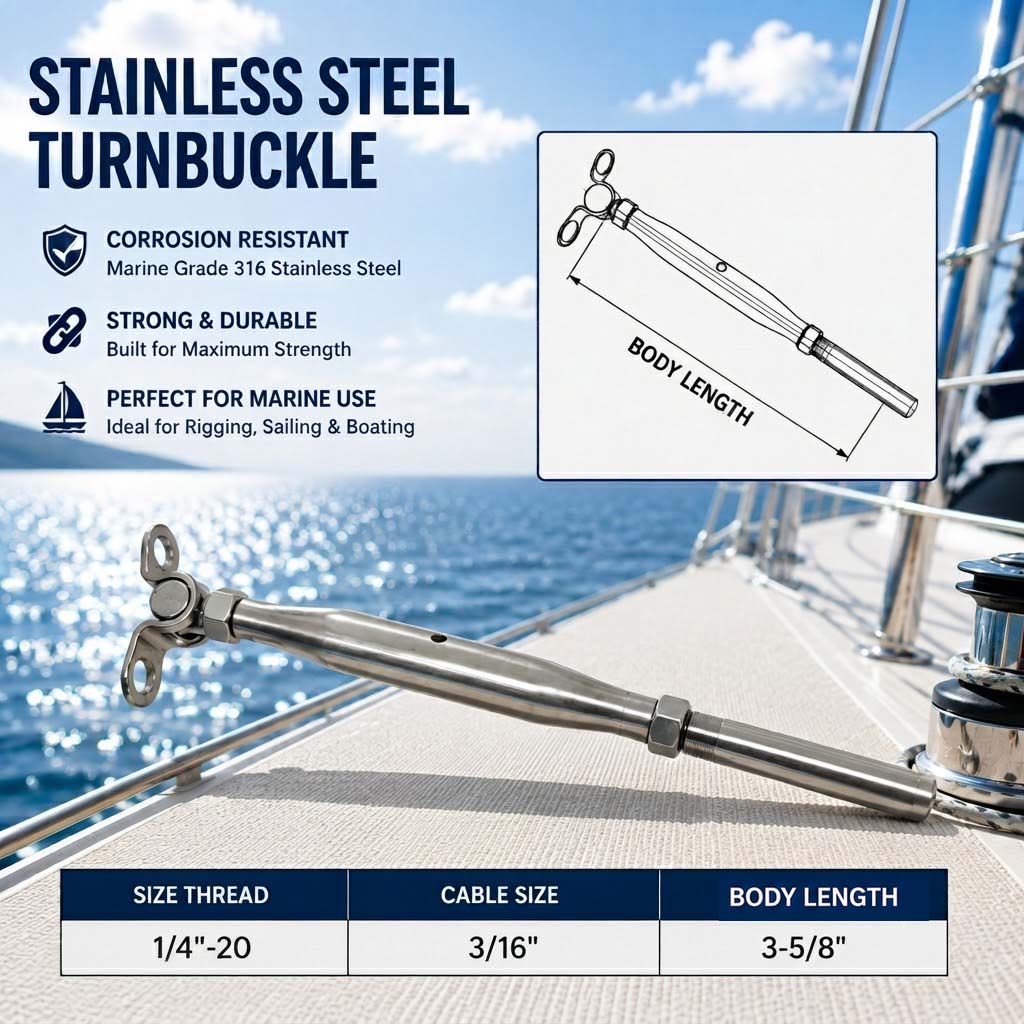 4 Pc Set Marine T316 Stainless Steel Deck Toggle & Swage Stud Turnbuckle, Cable Wire Tensioner for Boat, Deck, and Railing Systems
