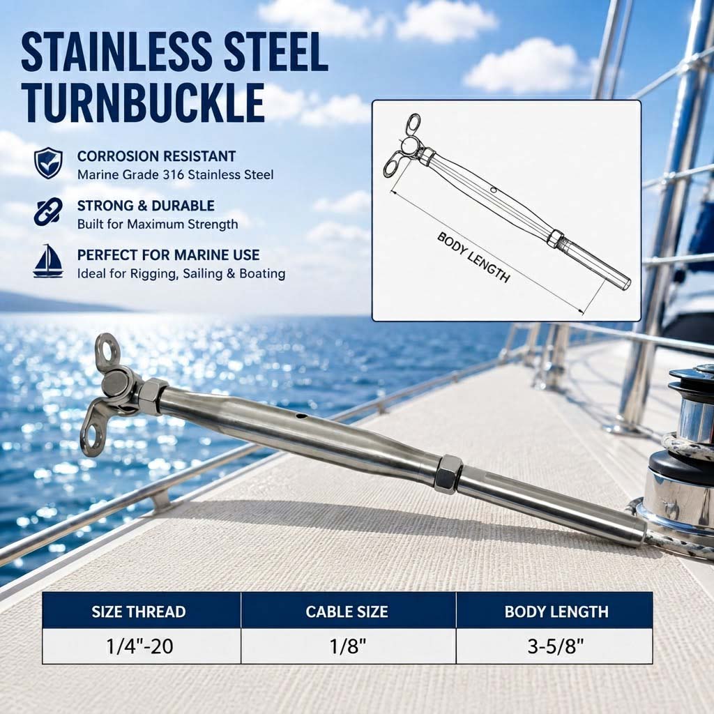 4 Pc Set Marine T316 Stainless Steel Deck Toggle & Swage Stud Turnbuckle, Cable Wire Tensioner for Boat, Deck, and Railing Systems