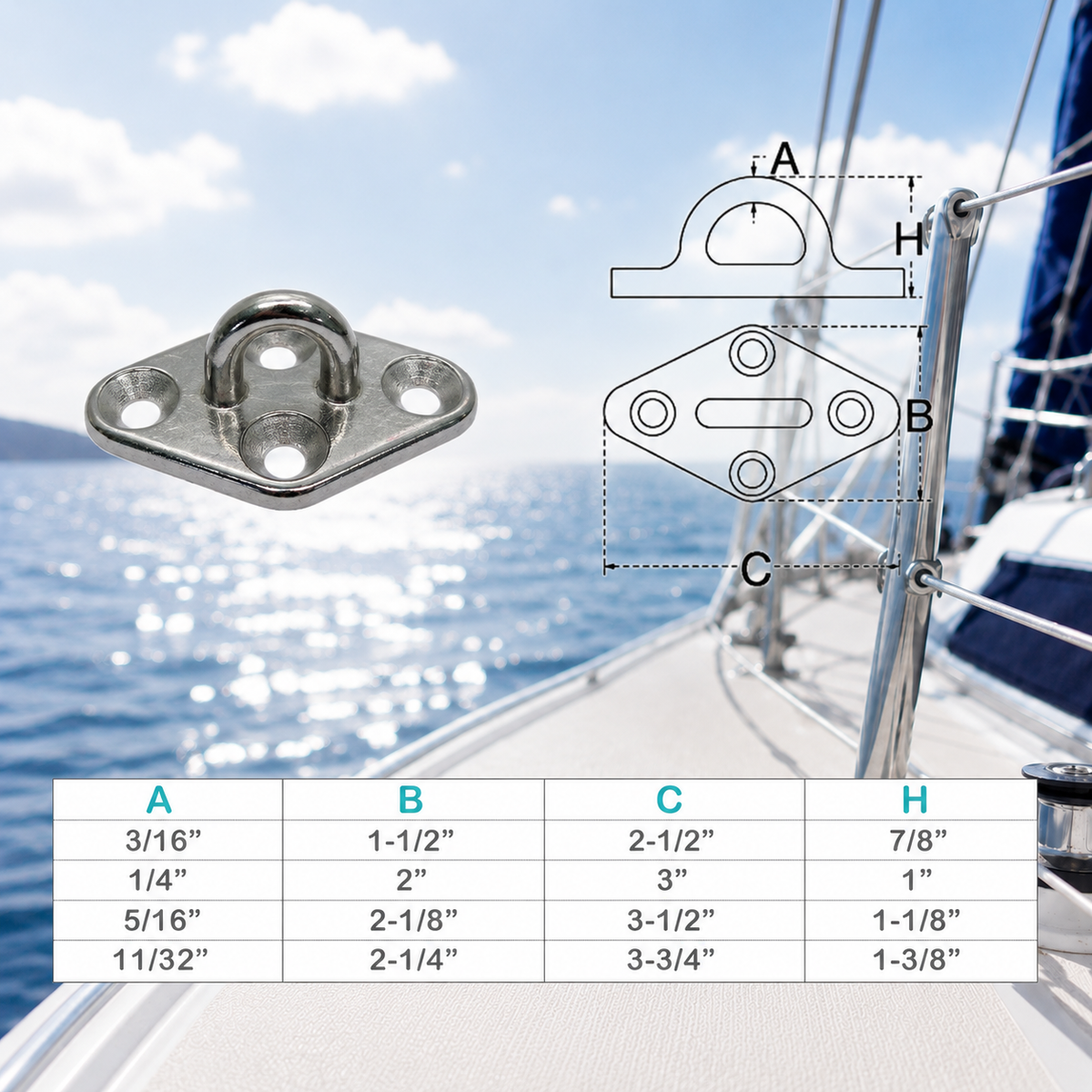 4 Pc Set Marine T304 Stainless Steel Diamond Pad Eye, Welded Eye Pad Lift Rig for Rope, Chain, Cable, and Deck Hardware