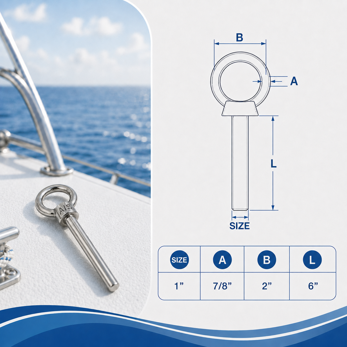 10 Pc Set Marine T316 Stainless Steel Shoulder Eye Bolt, Non Thread Eye Rivet Bolt for Rigging, Mounting, Deck, and Dock Hardware