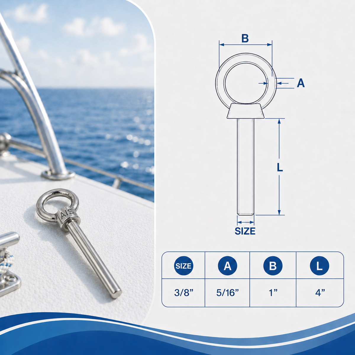 10 Pc Set Marine T316 Stainless Steel Shoulder Eye Bolt, Non Thread Eye Rivet Bolt for Rigging, Mounting, Deck, and Dock Hardware