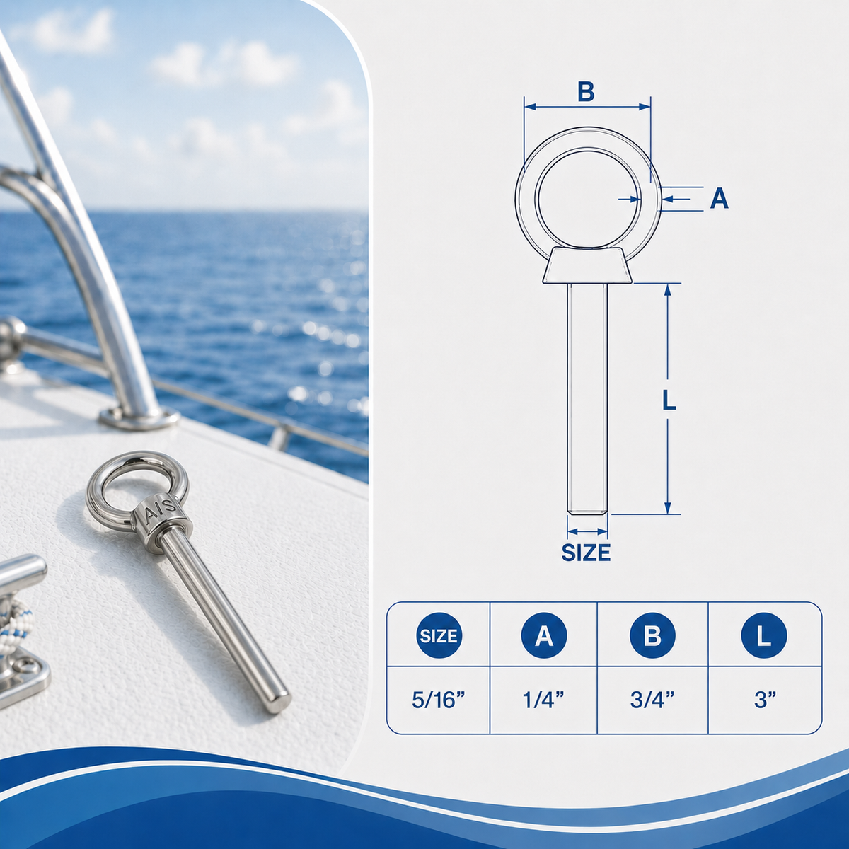 10 Pc Set Marine T316 Stainless Steel Shoulder Eye Bolt, Non Thread Eye Rivet Bolt for Rigging, Mounting, Deck, and Dock Hardware