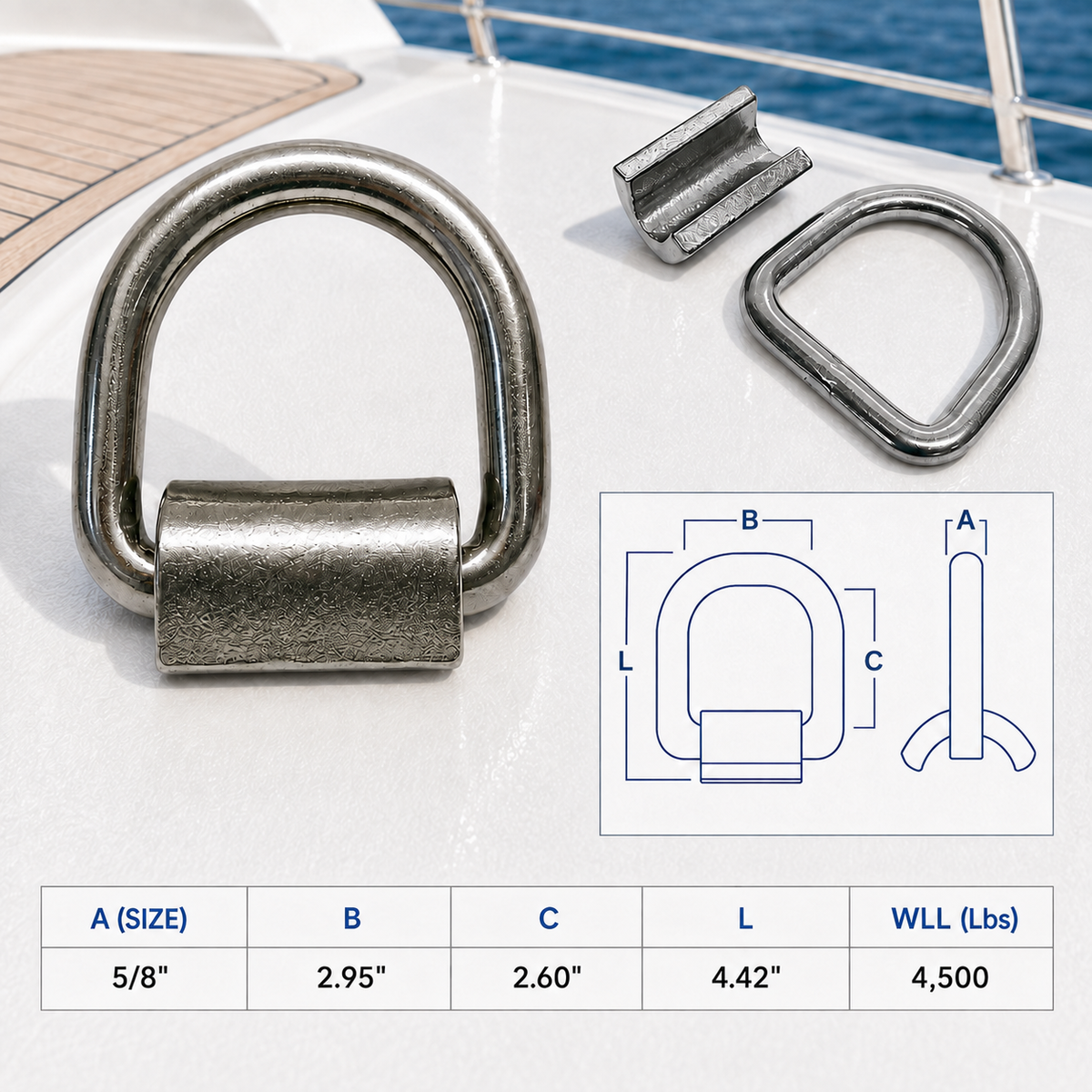 4 Pc Set T316 Stainless Steel Weld-On Lashing Ring D-Ring, Marine Boat Anchor Ring for Tie Down, Rigging, Deck, and Dock Hardware