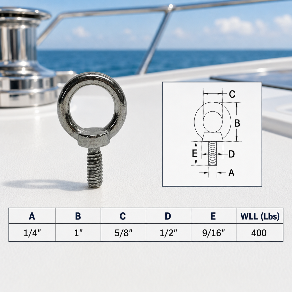 4 Pc Set Marine T316 Stainless Steel Eye Bolt, Lifting Eye Bolt for Rigging, Mounting, Deck, Dock, and Outdoor Hardware
