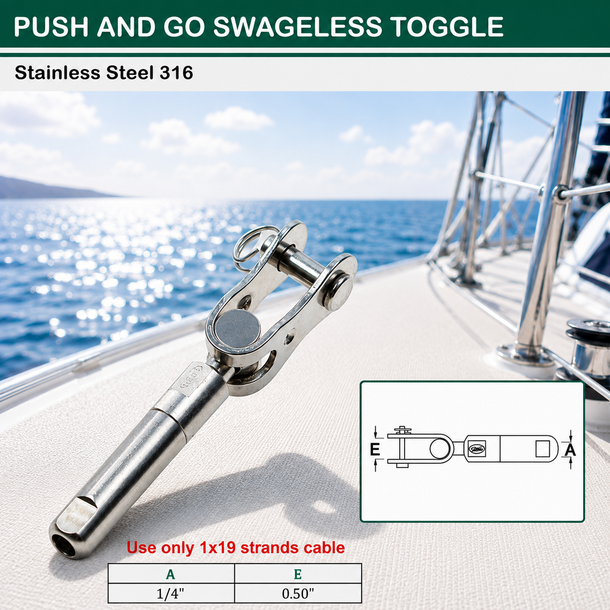 4 Pc Set Marine T316 Stainless Steel Push And Go Swageless Toggle, Cable Wire Railing Terminal for Deck, Dock, Stair, and Rail Systems