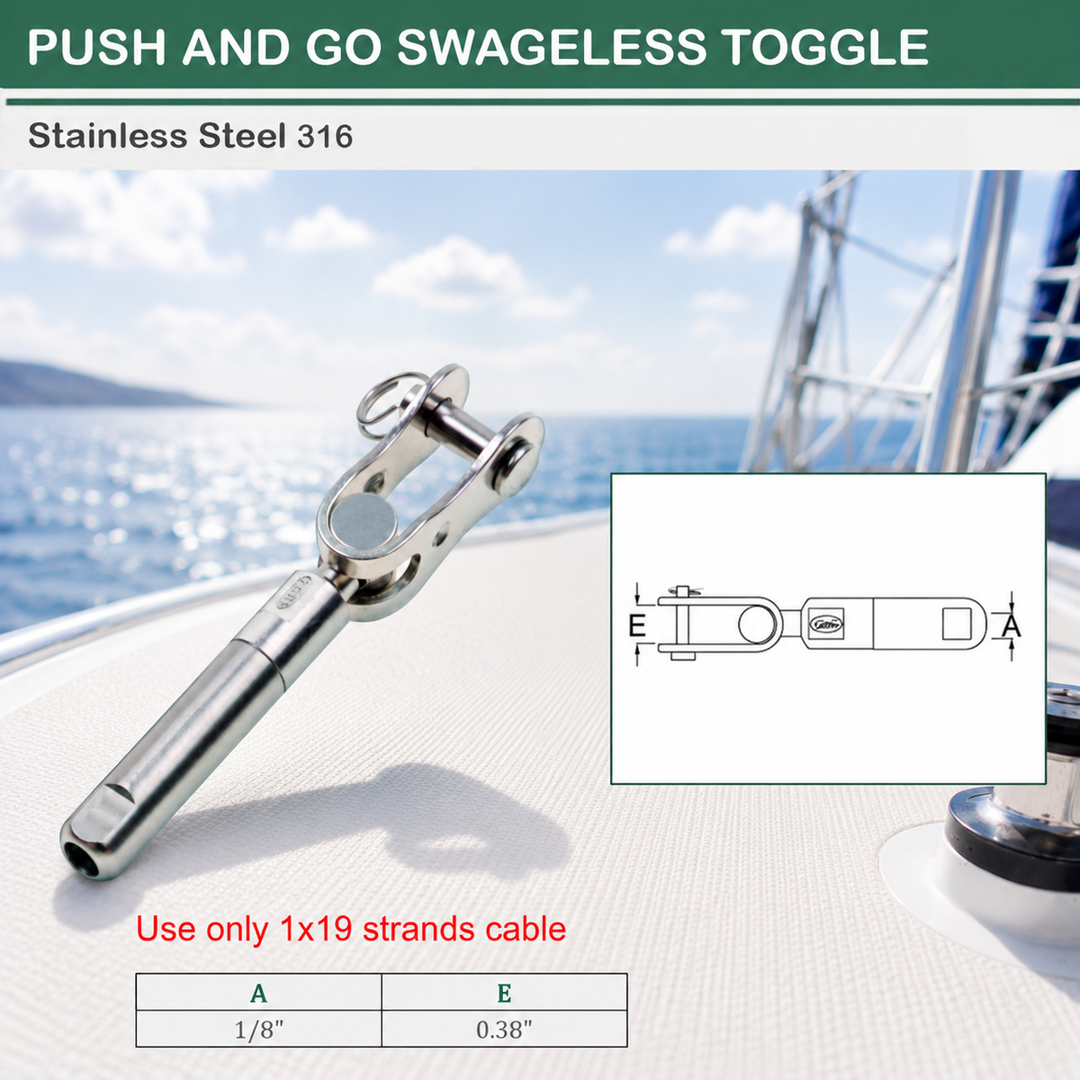 4 Pc Set Marine T316 Stainless Steel Push And Go Swageless Toggle, Cable Wire Railing Terminal for Deck, Dock, Stair, and Rail Systems