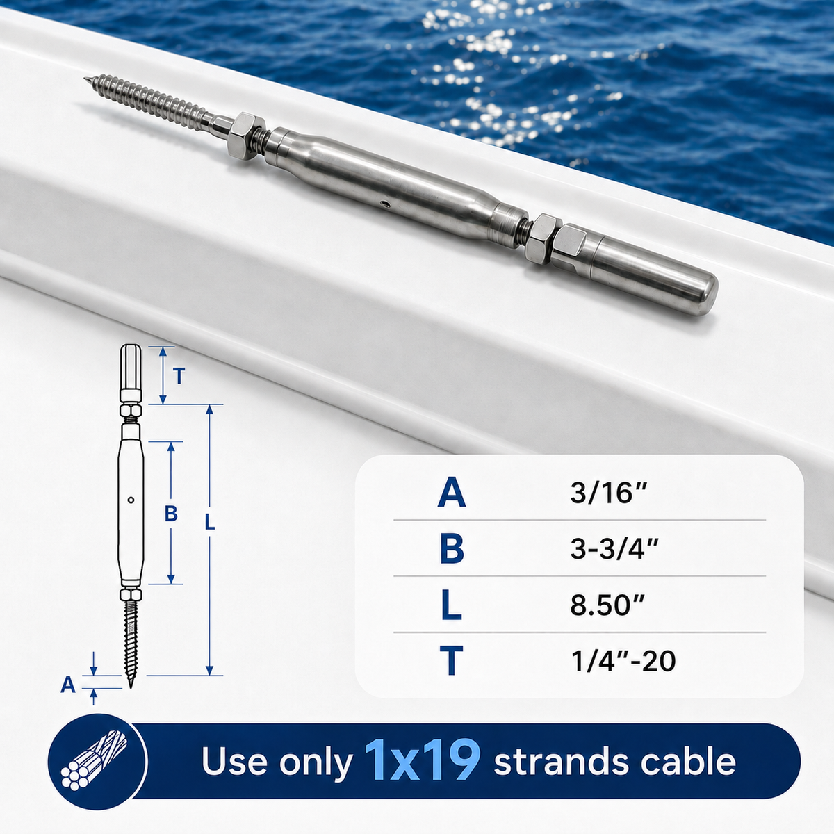 4 Pc Set Marine T316 Stainless Steel Push And Go Lag Turnbuckle, Cable Wire Rope Tensioner for Deck, Dock, Rail, and Lifeline Systems
