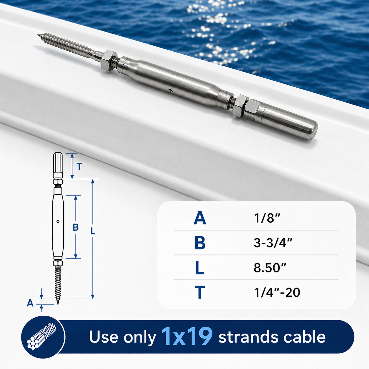 4 Pc Set Marine T316 Stainless Steel Push And Go Lag Turnbuckle, Cable Wire Rope Tensioner for Deck, Dock, Rail, and Lifeline Systems