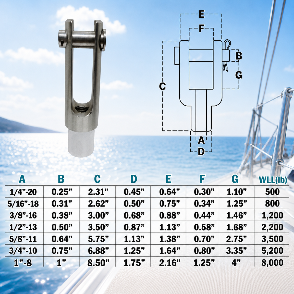 Marine T316 Stainless Steel Right Handed Threaded Yoke End, Cable Rail and Rigging Fork Terminal for Boat, Dock, and Deck Hardware