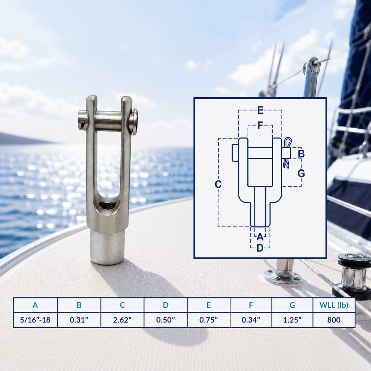 Marine T316 Stainless Steel Right Handed Threaded Yoke End, Cable Rail and Rigging Fork Terminal for Boat, Dock, and Deck Hardware