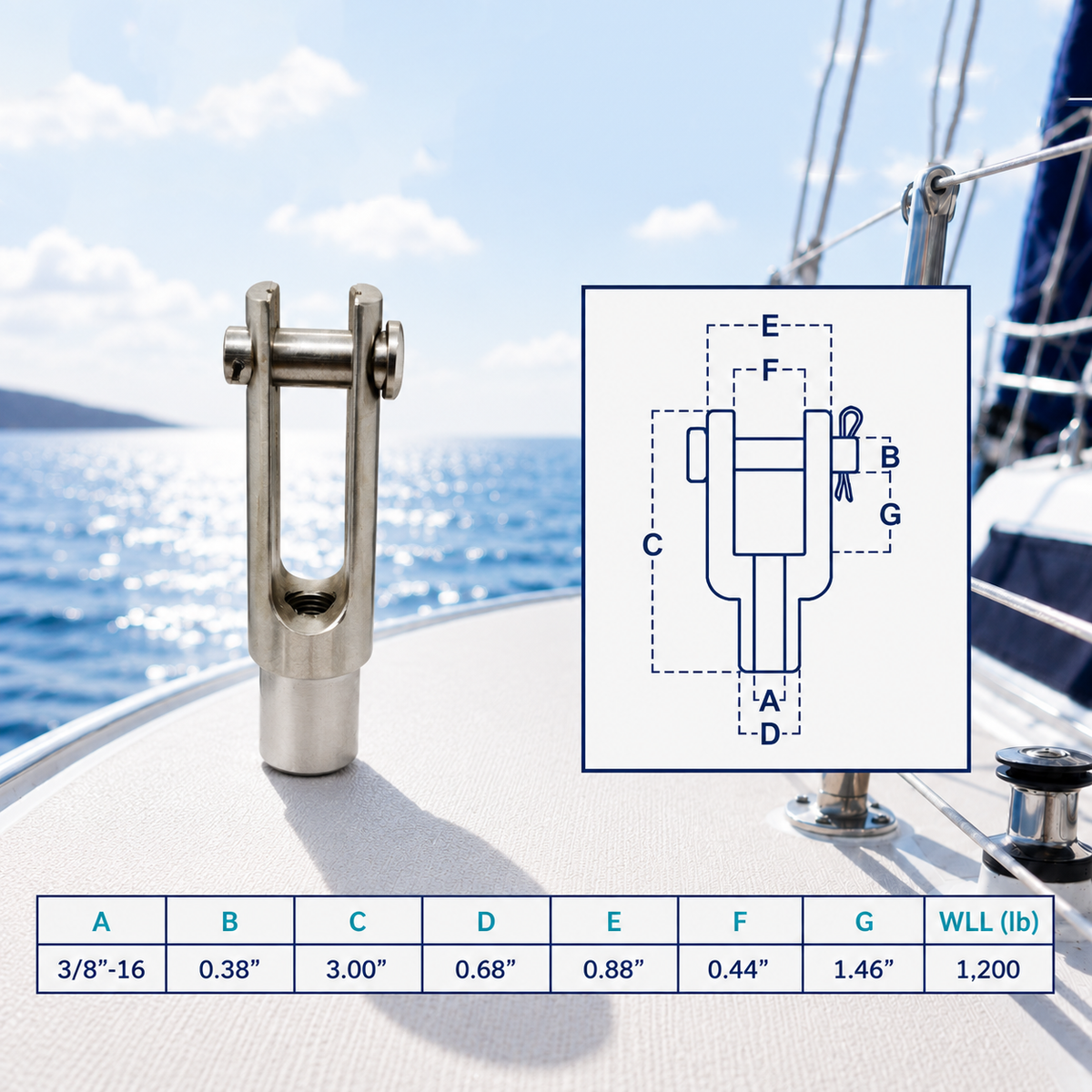 Marine T316 Stainless Steel Right Handed Threaded Yoke End, Cable Rail and Rigging Fork Terminal for Boat, Dock, and Deck Hardware