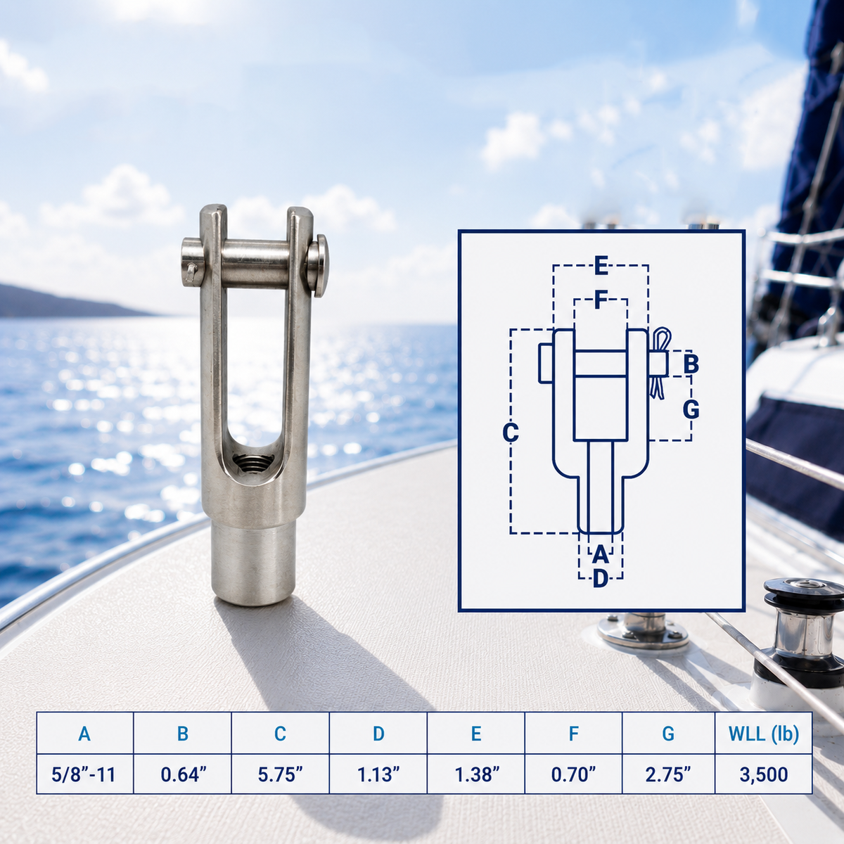 Marine T316 Stainless Steel Right Handed Threaded Yoke End, Cable Rail and Rigging Fork Terminal for Boat, Dock, and Deck Hardware