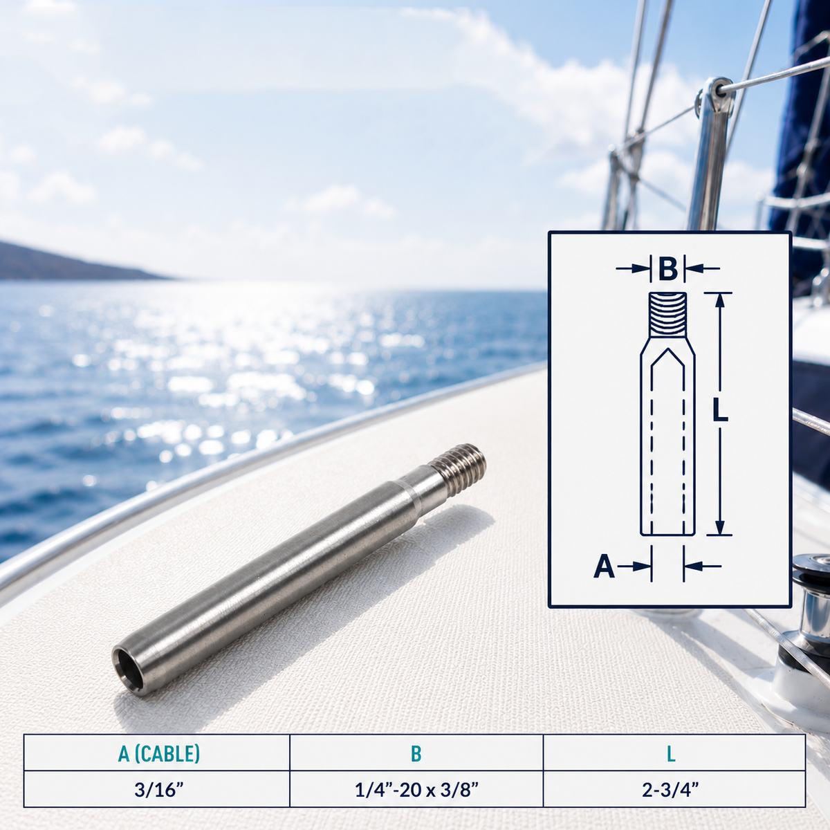 4 Pc Set Marine T316 Stainless Steel Cable Hand Swage Stud, Wire Rope Cable Rail Terminal Fitting for Deck, Dock, and Railing