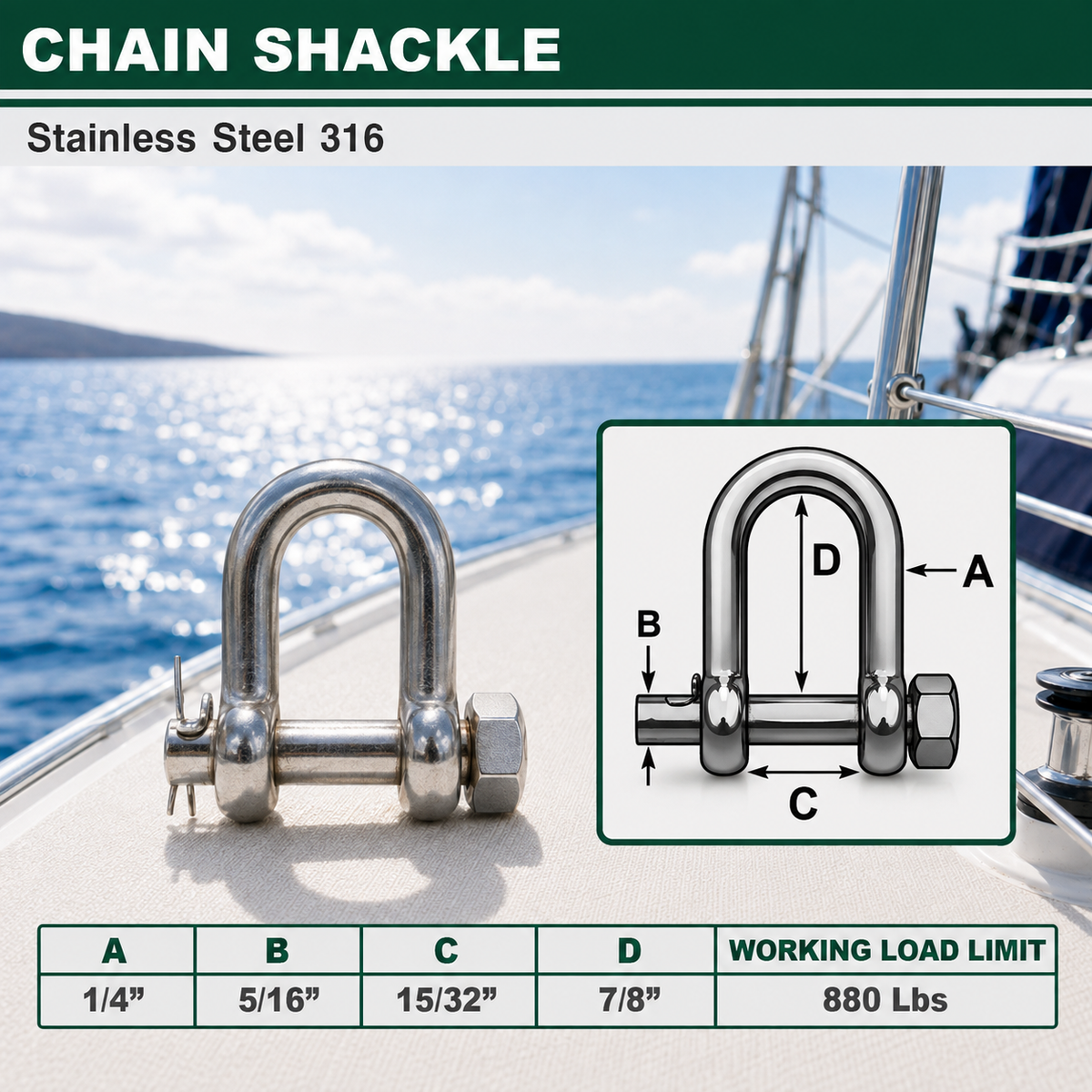 Marine Mil-Spec T316 Stainless Steel Forged Round Pin Chain Shackle, Boat Rigging Shackle for Chain, Rope, Cable, and Anchor Use