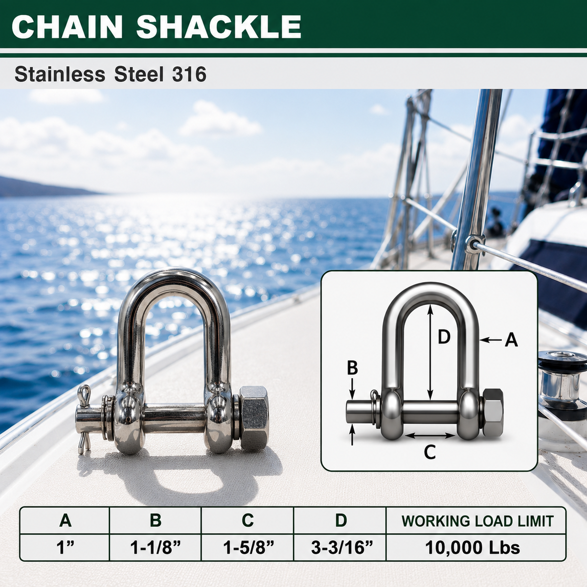Marine Mil-Spec T316 Stainless Steel Forged Round Pin Chain Shackle, Boat Rigging Shackle for Chain, Rope, Cable, and Anchor Use