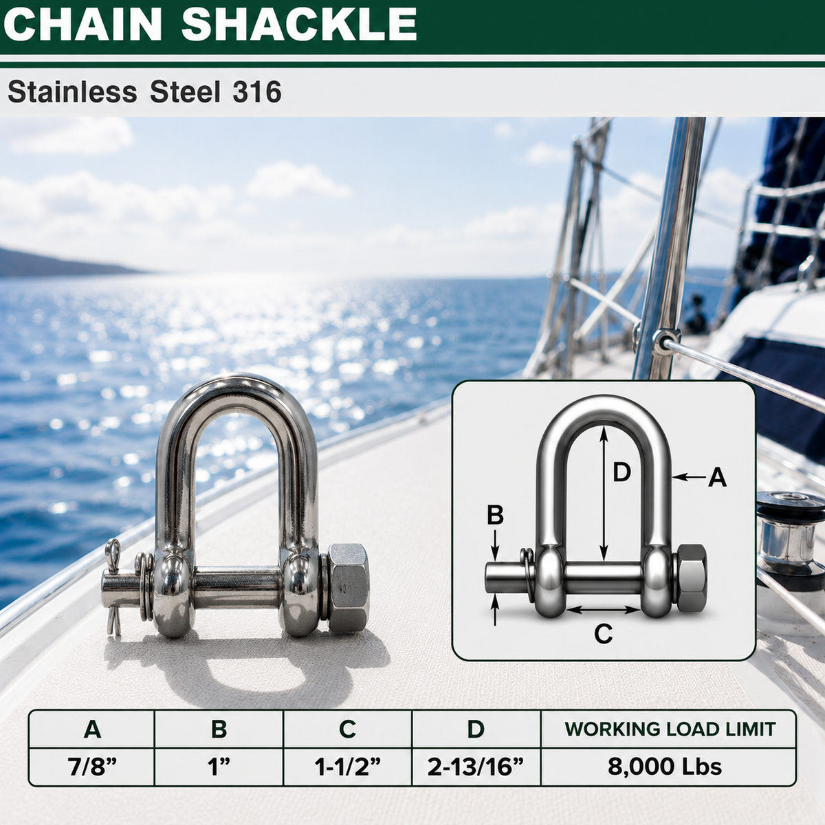 Marine Mil-Spec T316 Stainless Steel Forged Round Pin Chain Shackle, Boat Rigging Shackle for Chain, Rope, Cable, and Anchor Use