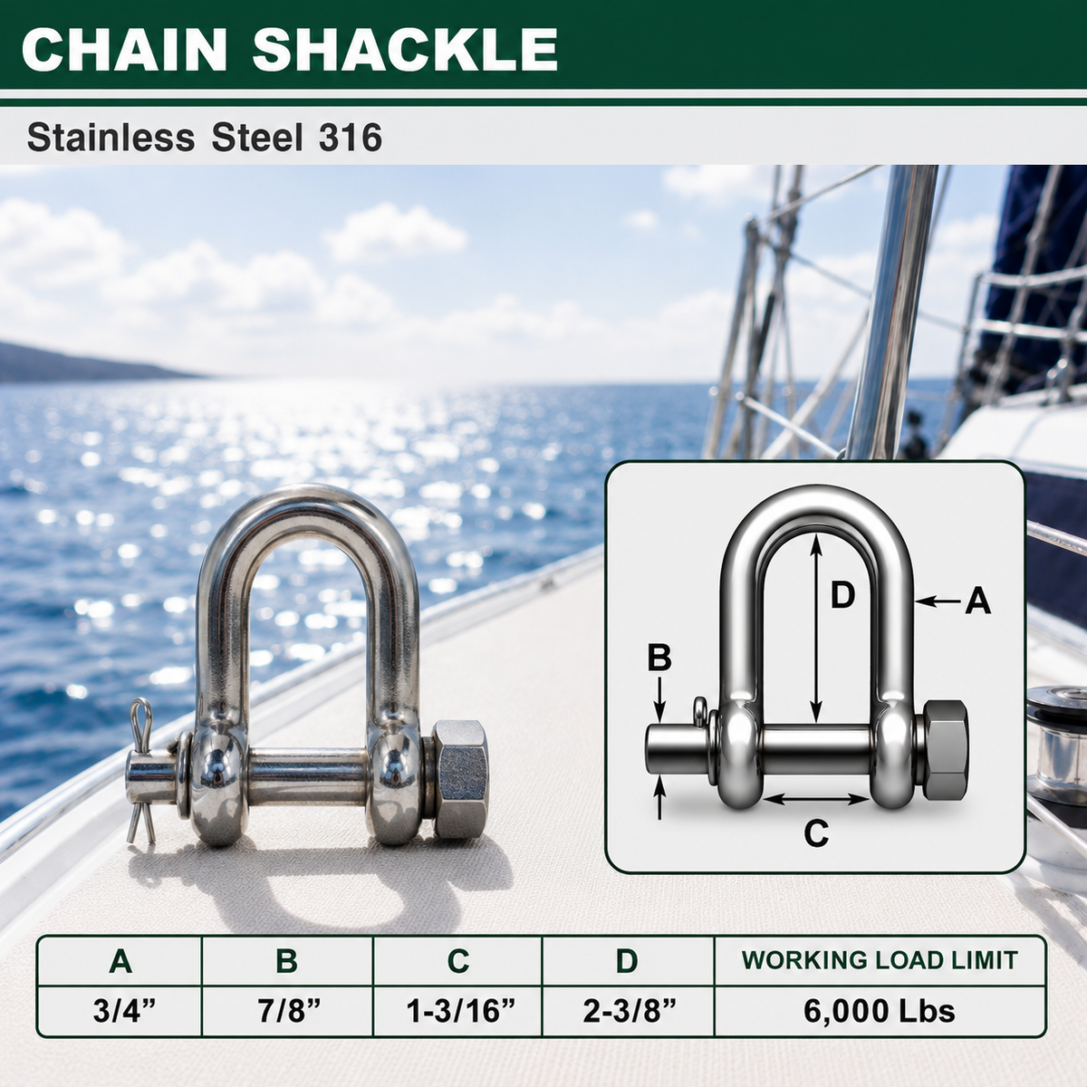 Marine Mil-Spec T316 Stainless Steel Forged Round Pin Chain Shackle, Boat Rigging Shackle for Chain, Rope, Cable, and Anchor Use