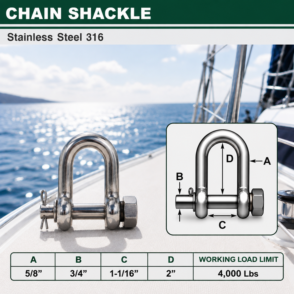 Marine Mil-Spec T316 Stainless Steel Forged Round Pin Chain Shackle, Boat Rigging Shackle for Chain, Rope, Cable, and Anchor Use