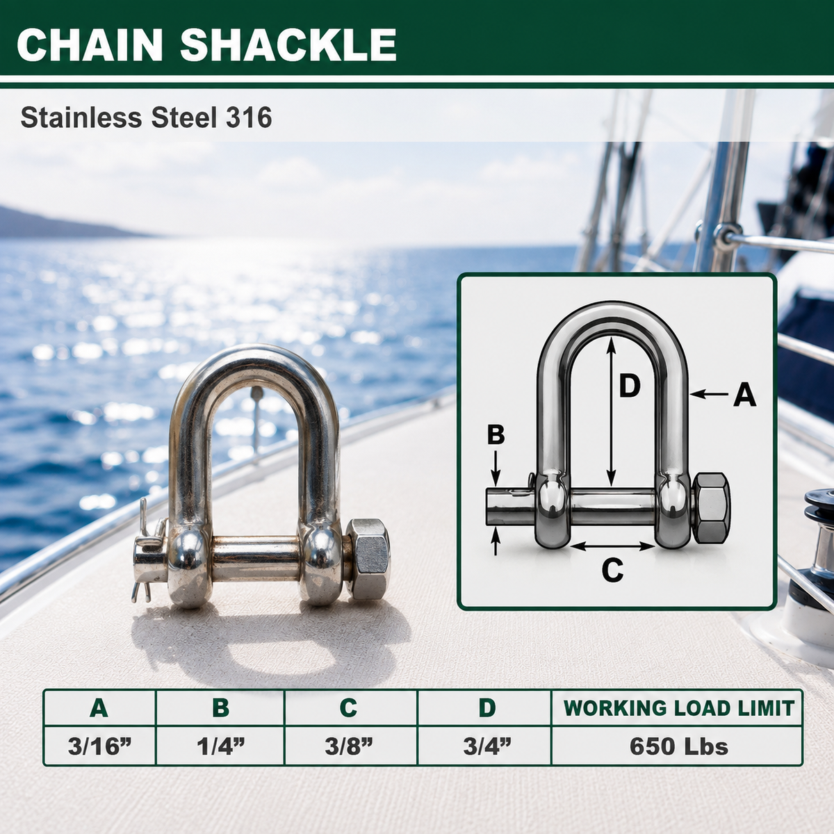 Marine Mil-Spec T316 Stainless Steel Forged Round Pin Chain Shackle, Boat Rigging Shackle for Chain, Rope, Cable, and Anchor Use