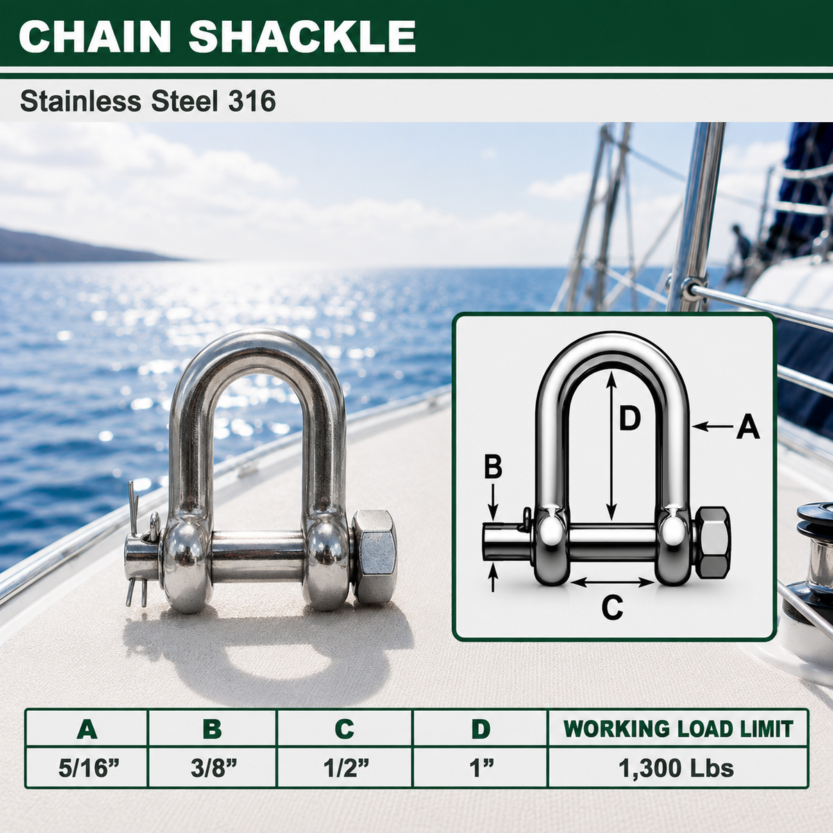 Marine Mil-Spec T316 Stainless Steel Forged Round Pin Chain Shackle, Boat Rigging Shackle for Chain, Rope, Cable, and Anchor Use