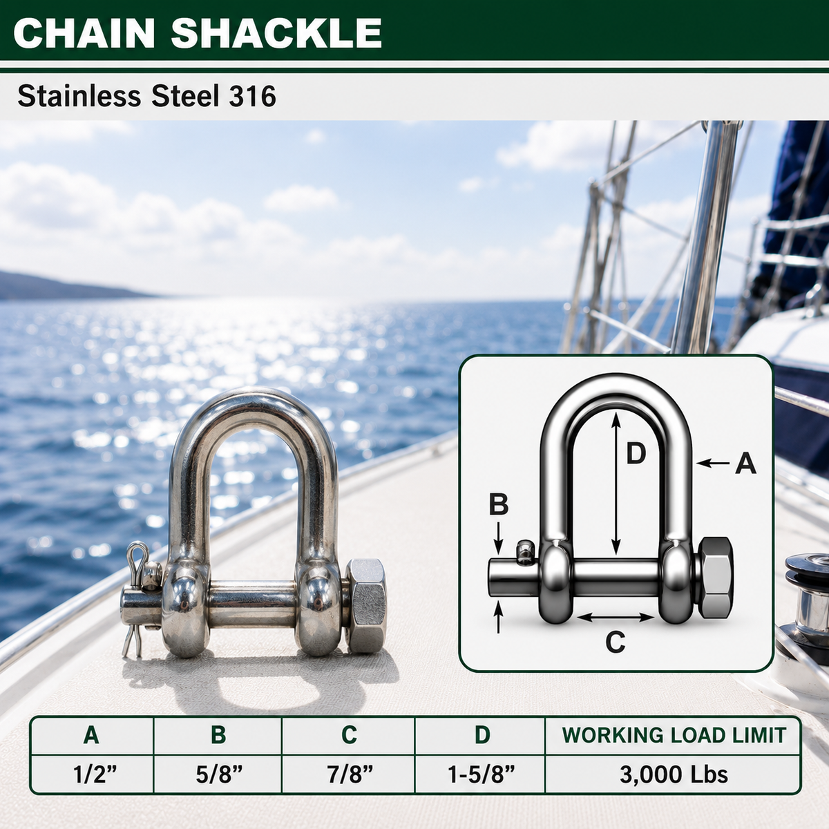 Marine Mil-Spec T316 Stainless Steel Forged Round Pin Chain Shackle, Boat Rigging Shackle for Chain, Rope, Cable, and Anchor Use