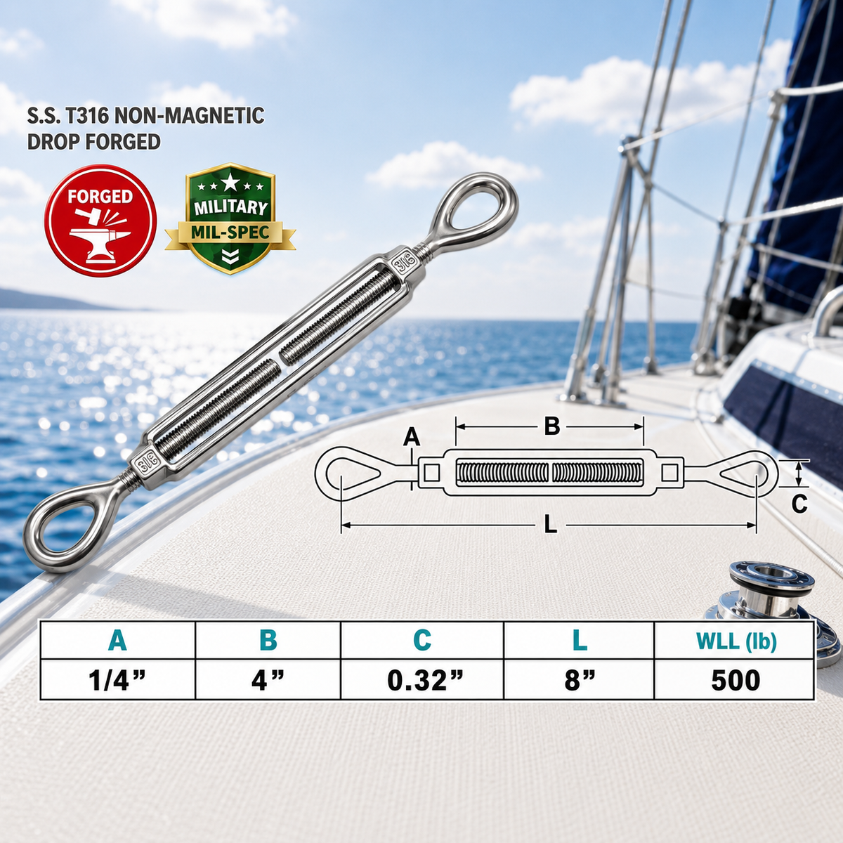 T316 Stainless Steel Drop Forged Mil-Spec Eye Eye Turnbuckle, Marine Grade Rigging Tensioner for Cable, Rope, and Chain