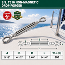 T316 Stainless Steel Drop Forged Mil-Spec Eye Eye Turnbuckle, Marine Grade Rigging Tensioner for Cable, Rope, and Chain