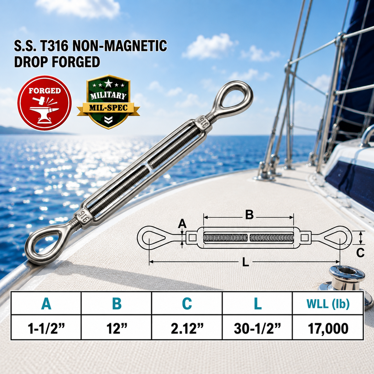 T316 Stainless Steel Drop Forged Mil-Spec Eye Eye Turnbuckle, Marine Grade Rigging Tensioner for Cable, Rope, and Chain