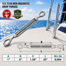 T316 Stainless Steel Drop Forged Mil-Spec Eye Eye Turnbuckle, Marine Grade Rigging Tensioner for Cable, Rope, and Chain