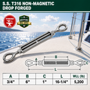 T316 Stainless Steel Drop Forged Mil-Spec Eye Eye Turnbuckle, Marine Grade Rigging Tensioner for Cable, Rope, and Chain