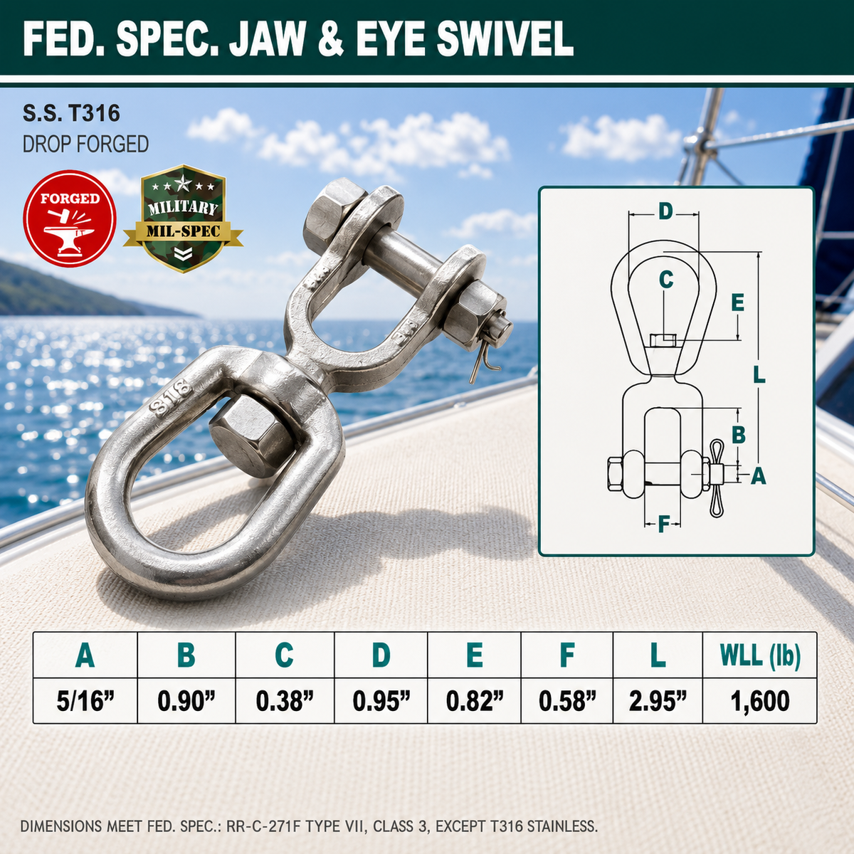 T316 Stainless Steel Drop Forged Mil Spec Jaw & Eye Marine Mooring Swivel, Boat Rigging Connector for Chain, Rope, and Anchor Use