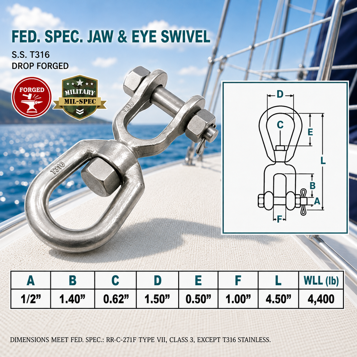 T316 Stainless Steel Drop Forged Mil Spec Jaw & Eye Marine Mooring Swivel, Boat Rigging Connector for Chain, Rope, and Anchor Use