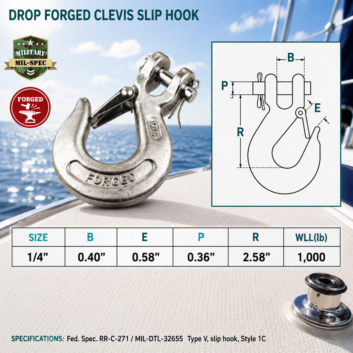 Mil-Spec T316 Stainless Steel Drop Forged Clevis Slip Hook, Marine Grade Rigging Hook for Chain, Rope, Cable, and Lifting
