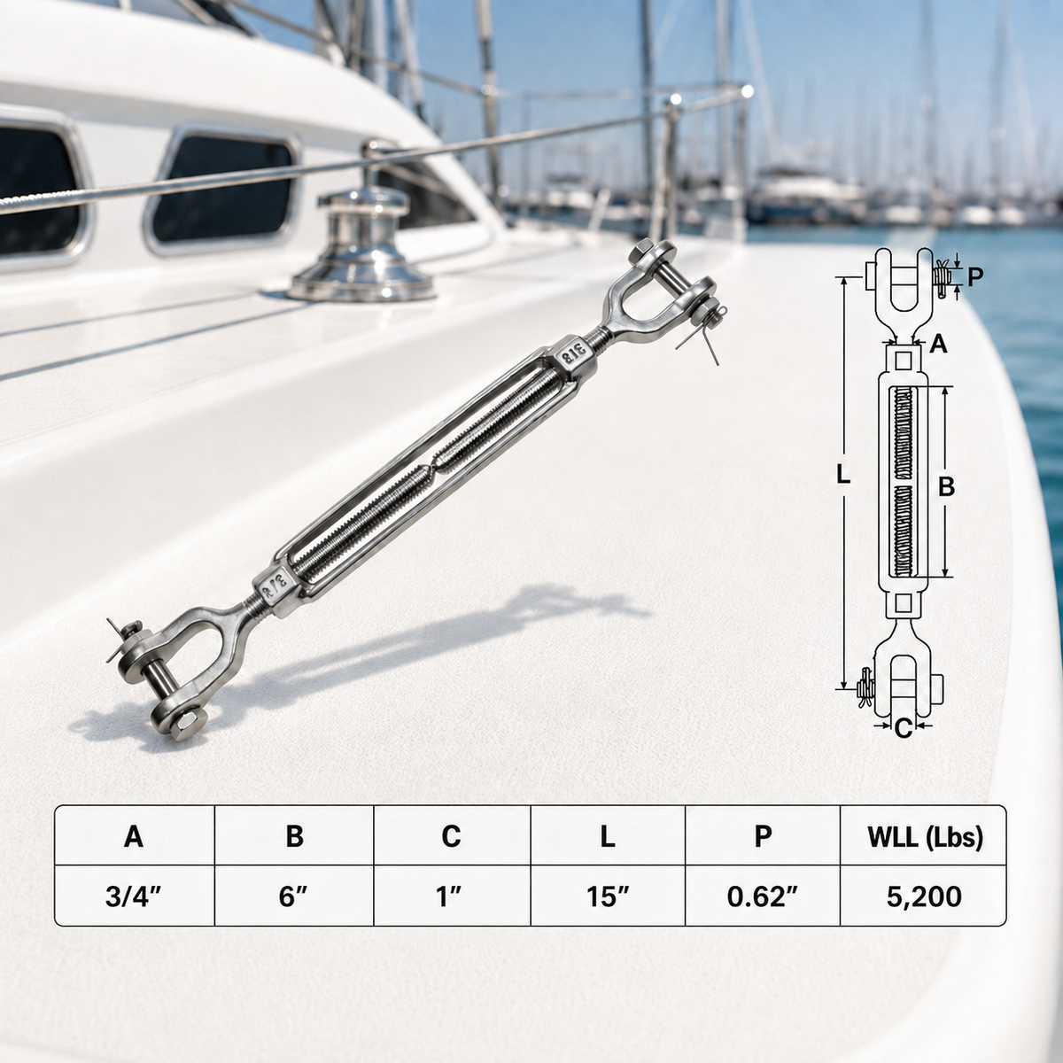 T316 Stainless Steel Mil Spec Jaw Jaw Turnbuckle, Marine Grade Rigging Tensioner for Cable, Wire Rope, Chain, and Boat Hardware