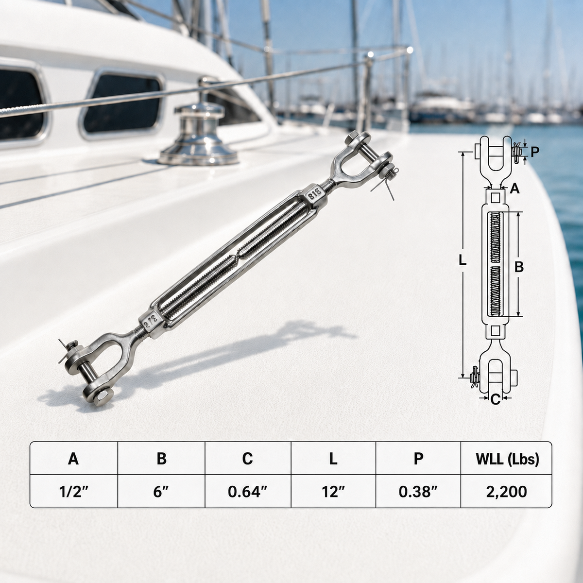 T316 Stainless Steel Mil Spec Jaw Jaw Turnbuckle, Marine Grade Rigging Tensioner for Cable, Wire Rope, Chain, and Boat Hardware