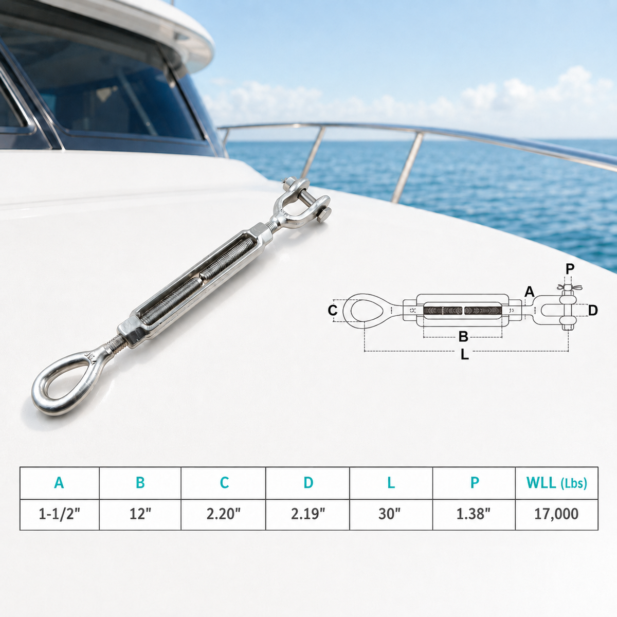 T316 Stainless Steel Mil-Spec Jaw Eye Turnbuckle, Marine Grade Rigging Tensioner for Cable, Rope, Chain, and Boat Hardware