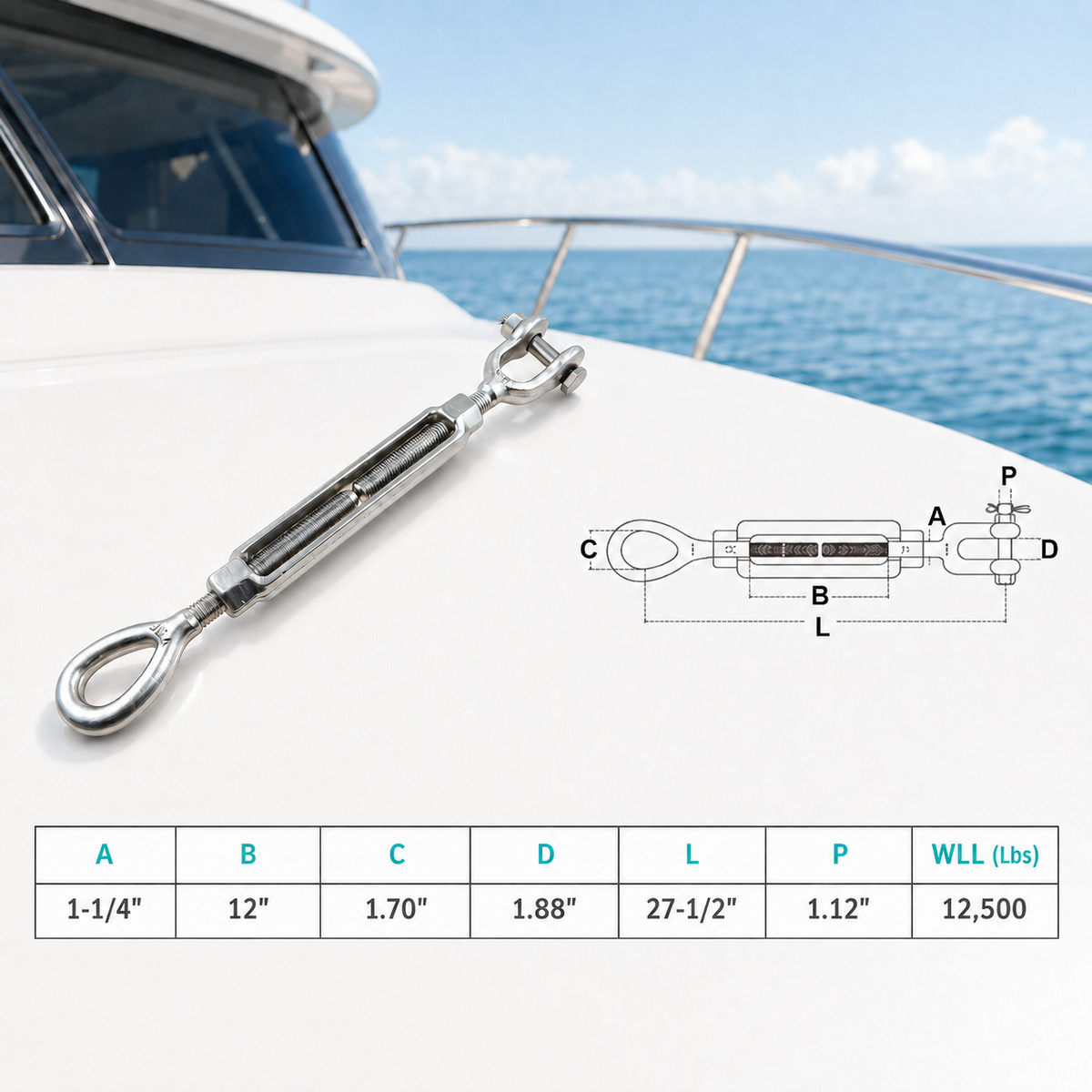 T316 Stainless Steel Mil-Spec Jaw Eye Turnbuckle, Marine Grade Rigging Tensioner for Cable, Rope, Chain, and Boat Hardware