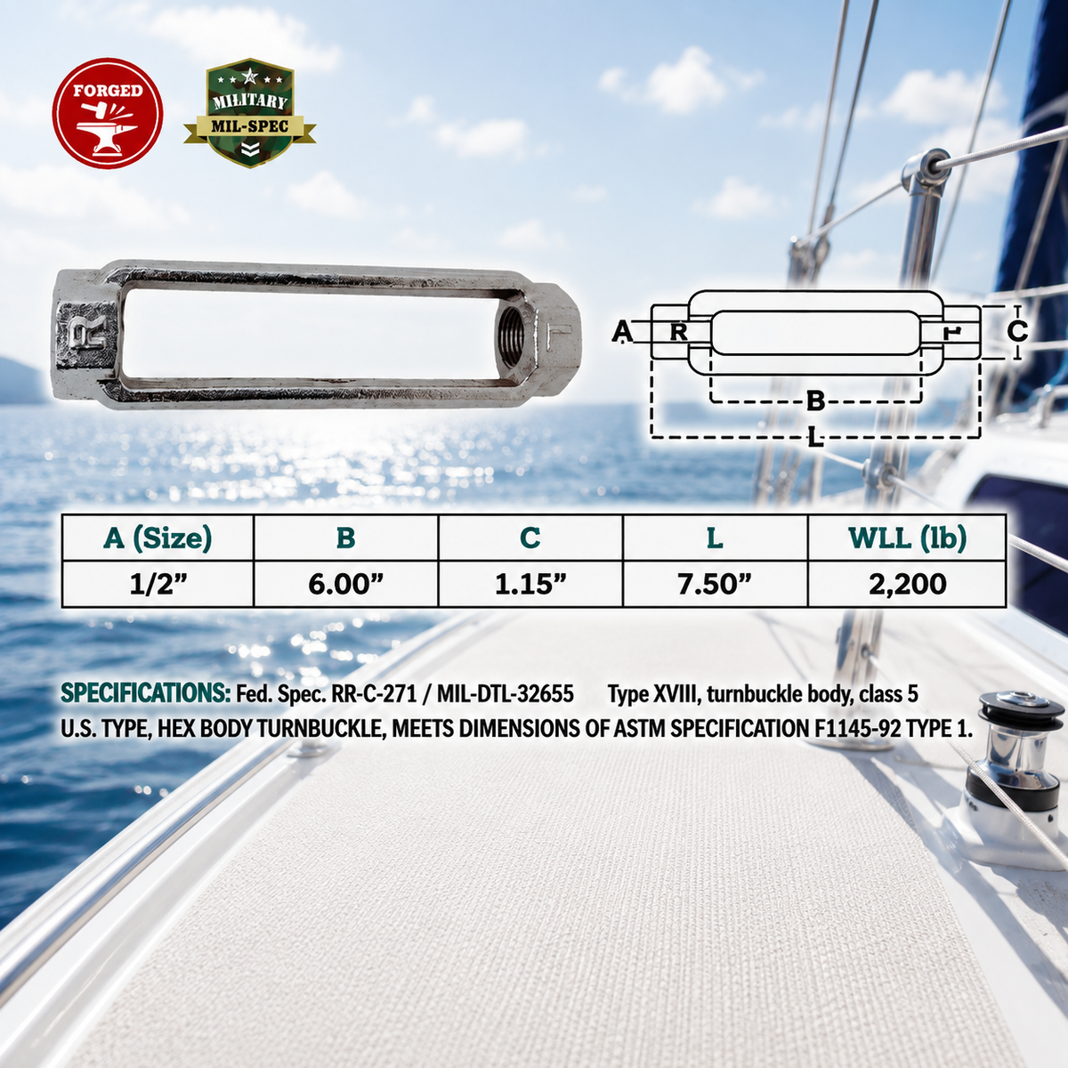 T316 Stainless Steel Mil Spec Jaw & Jaw Turnbuckle, Marine Boat Rigging Tensioner for Dock, Deck, and Outdoor Use