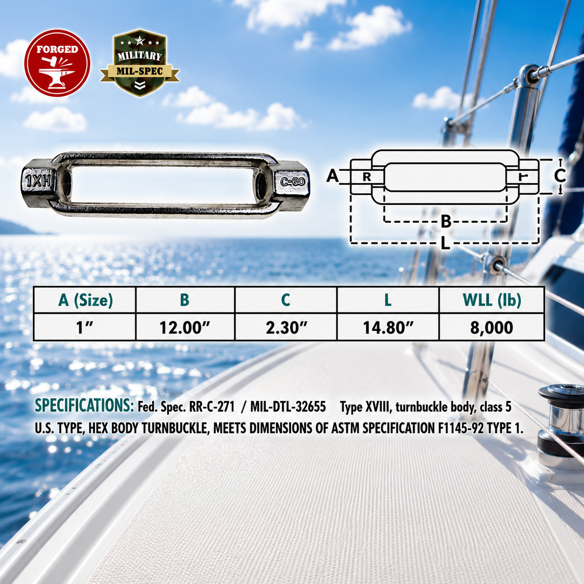 T316 Stainless Steel Mil Spec Jaw & Jaw Turnbuckle, Marine Boat Rigging Tensioner for Dock, Deck, and Outdoor Use