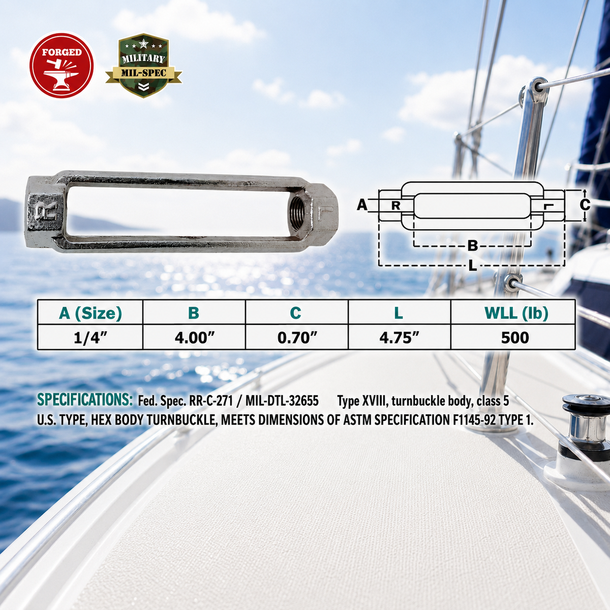 T316 Stainless Steel Mil Spec Jaw & Jaw Turnbuckle, Marine Boat Rigging Tensioner for Dock, Deck, and Outdoor Use