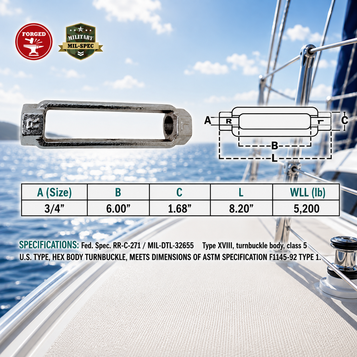 T316 Stainless Steel Mil Spec Jaw & Jaw Turnbuckle, Marine Boat Rigging Tensioner for Dock, Deck, and Outdoor Use