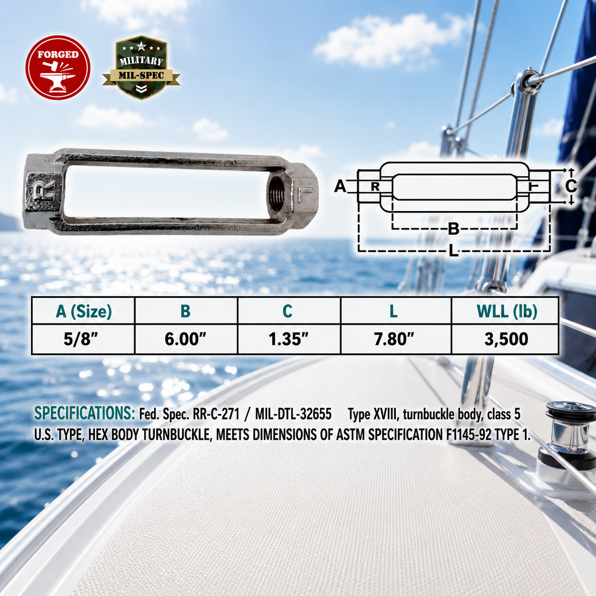T316 Stainless Steel Mil Spec Jaw & Jaw Turnbuckle, Marine Boat Rigging Tensioner for Dock, Deck, and Outdoor Use