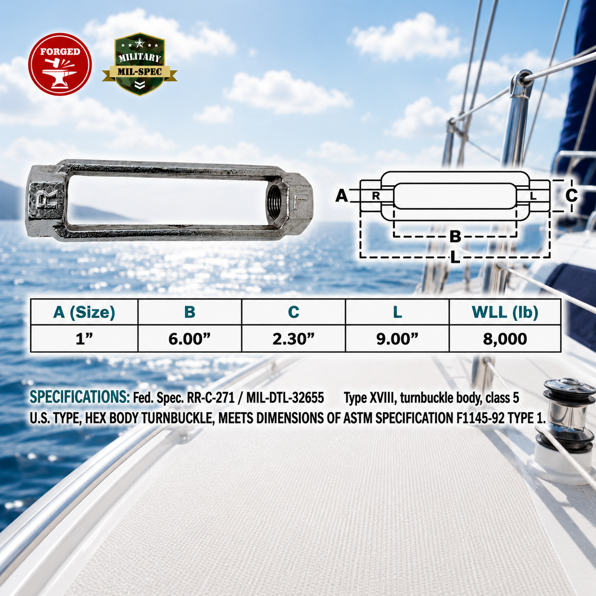 T316 Stainless Steel Mil Spec Jaw & Jaw Turnbuckle, Marine Boat Rigging Tensioner for Dock, Deck, and Outdoor Use