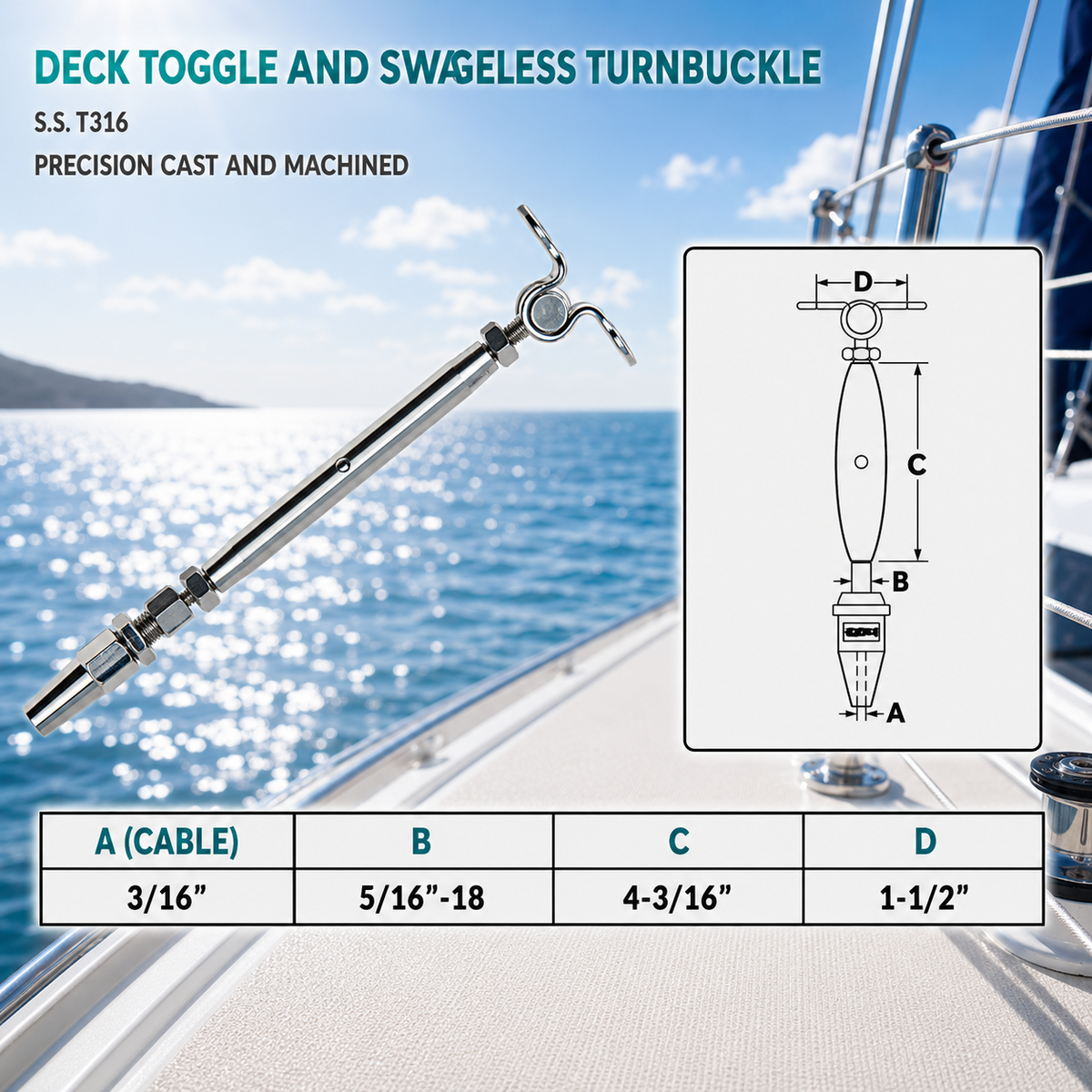 4 Pc Set Marine T316 Stainless Steel Cable Deck Toggle and Swageless Turnbuckle, Cable Rail Tensioner for Boat, Dock, and Deck Use