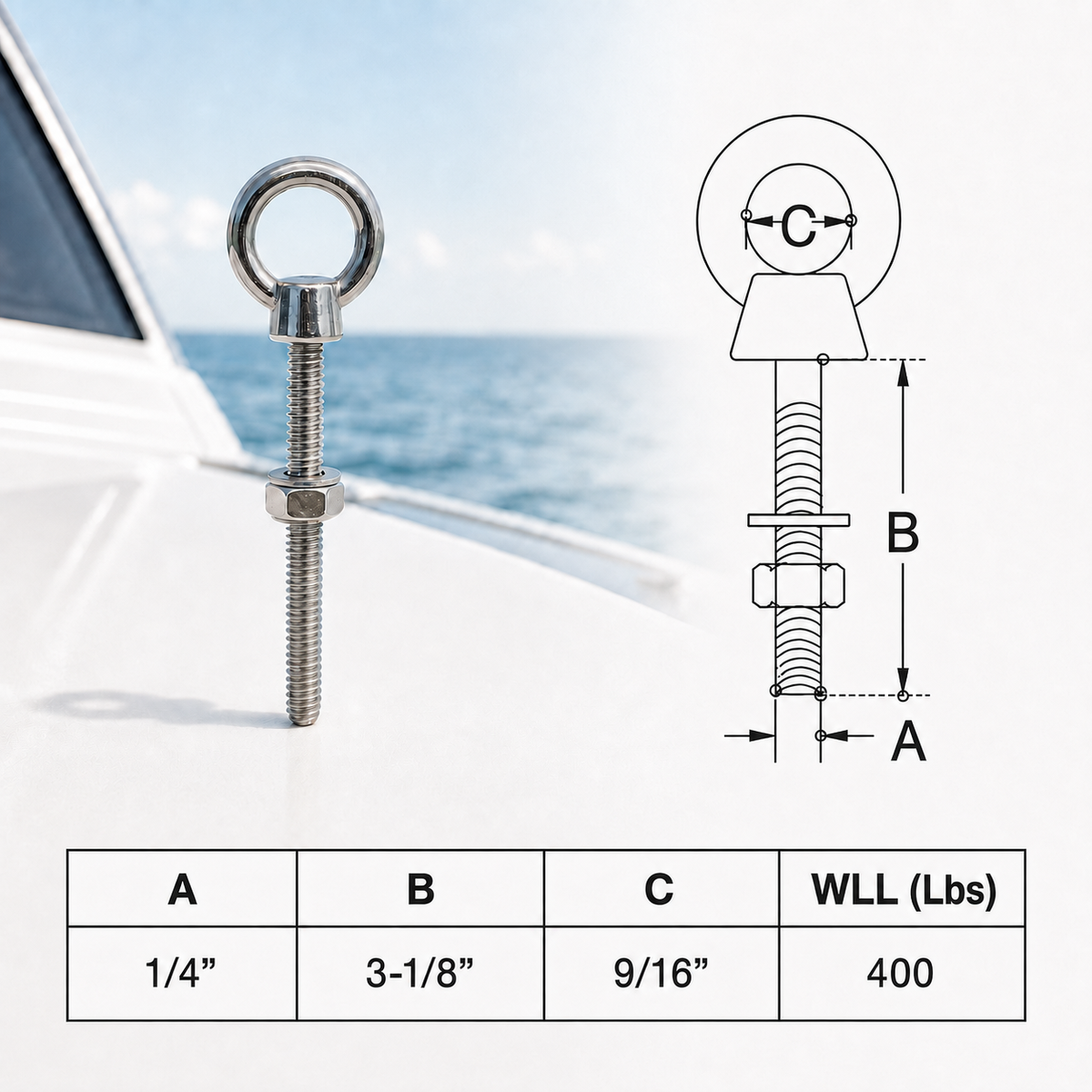 Marine Boat T316 Stainless Steel Shoulder Eye Bolt, Marine Grade Eye Bolt for Rigging, Lifting, Cable, and Deck Hardware