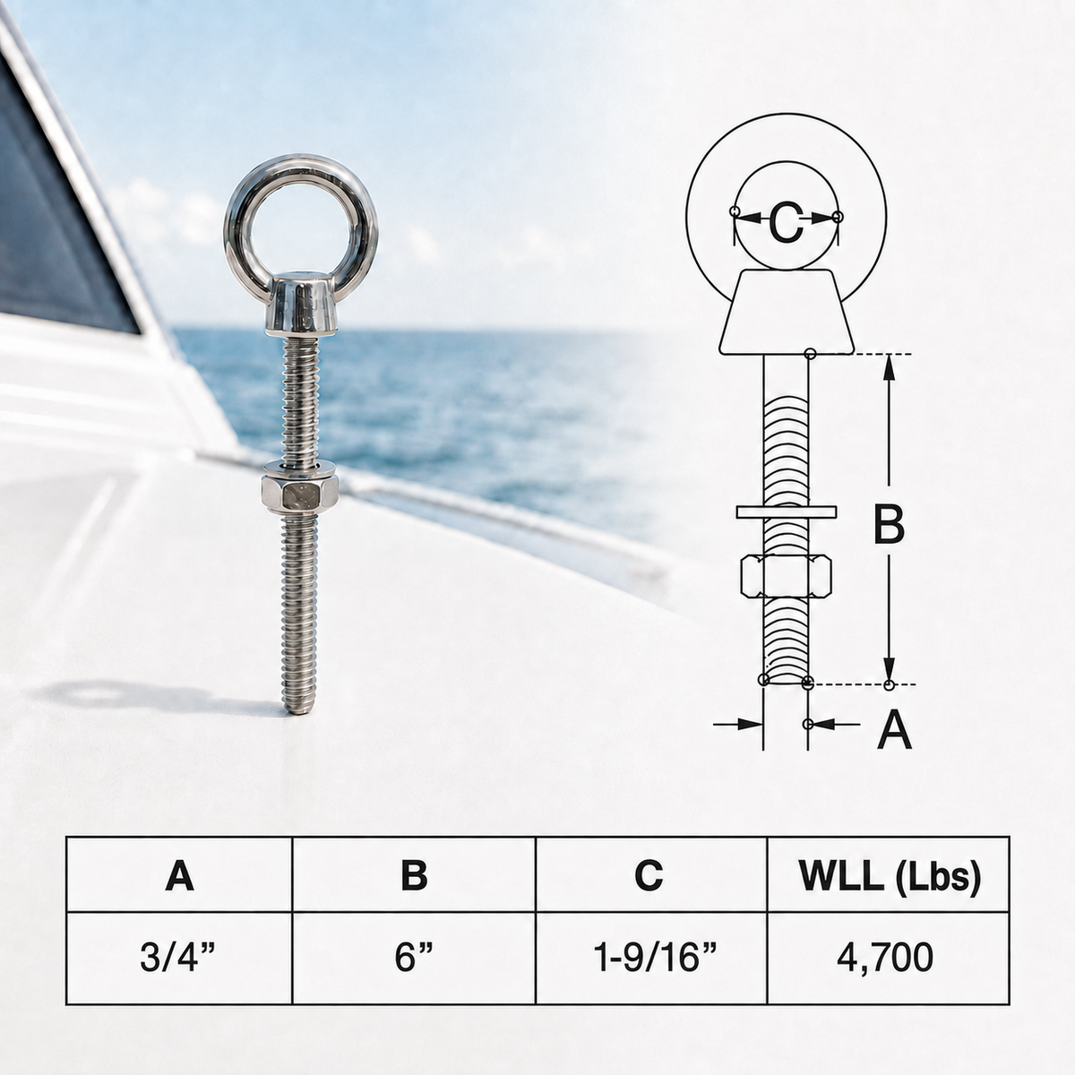 Marine Boat T316 Stainless Steel Shoulder Eye Bolt, Marine Grade Eye Bolt for Rigging, Lifting, Cable, and Deck Hardware
