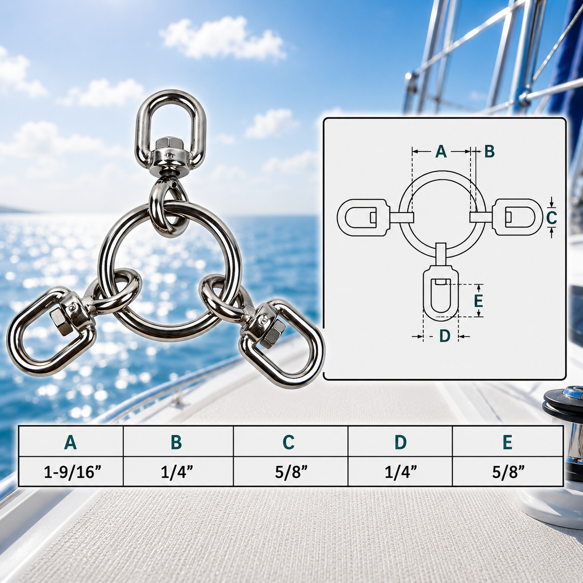 10 Pc Set Marine Stainless Steel Ring with 3 Way Swivel Ring, Fishing Tackle Swivel Connector for Rigging, Lines, Hooks, Lures, and Marine Hardware
